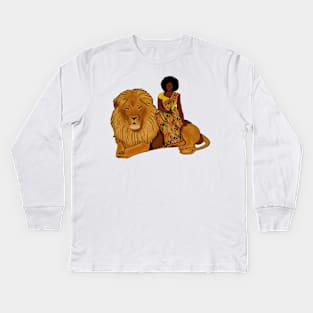 Proud African Afro Woman with Lion and Kente Pattern Kids Long Sleeve T-Shirt